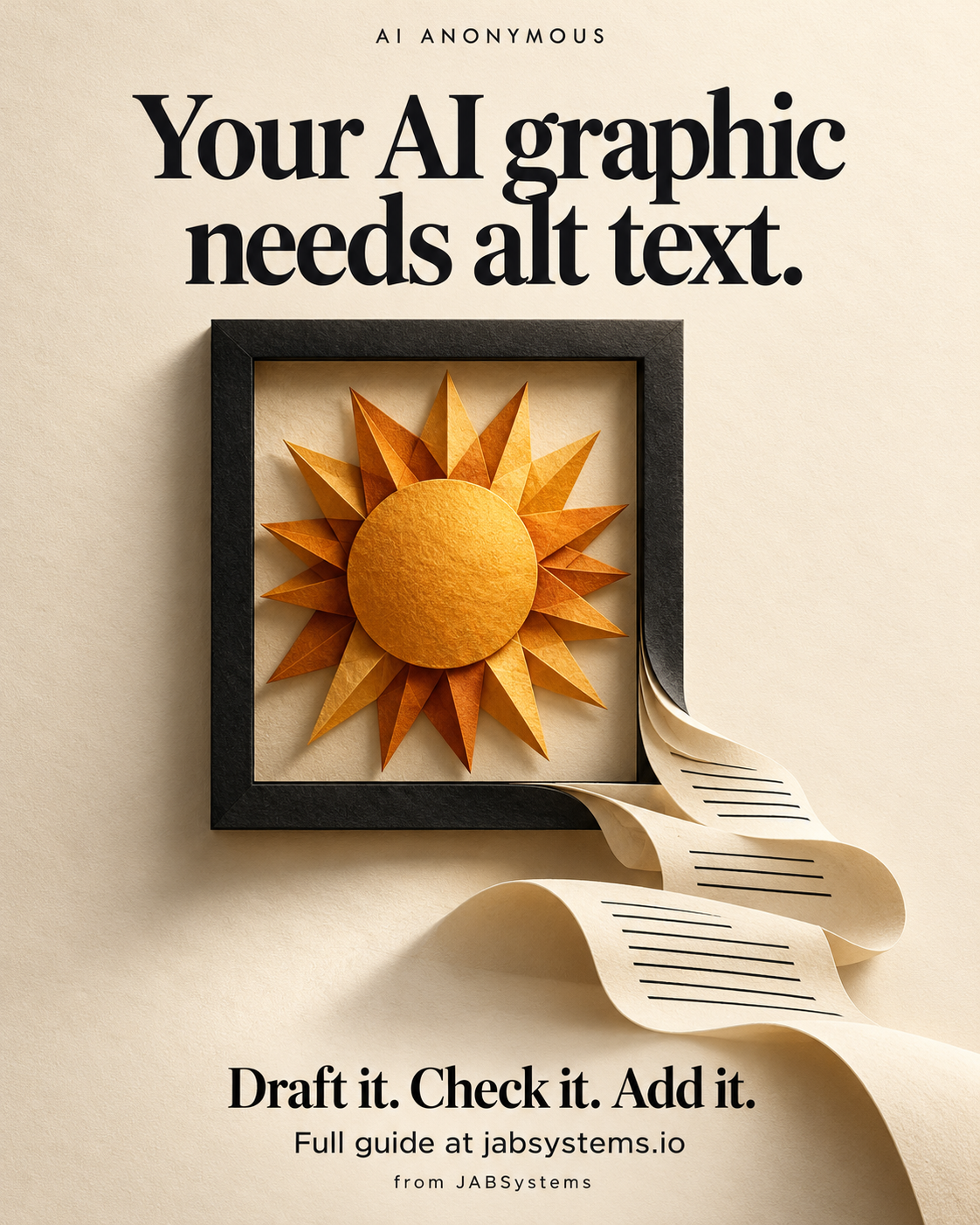 An amber paper sun inside a dark picture frame unfurls into a paper ribbon, suggesting an image becoming words.