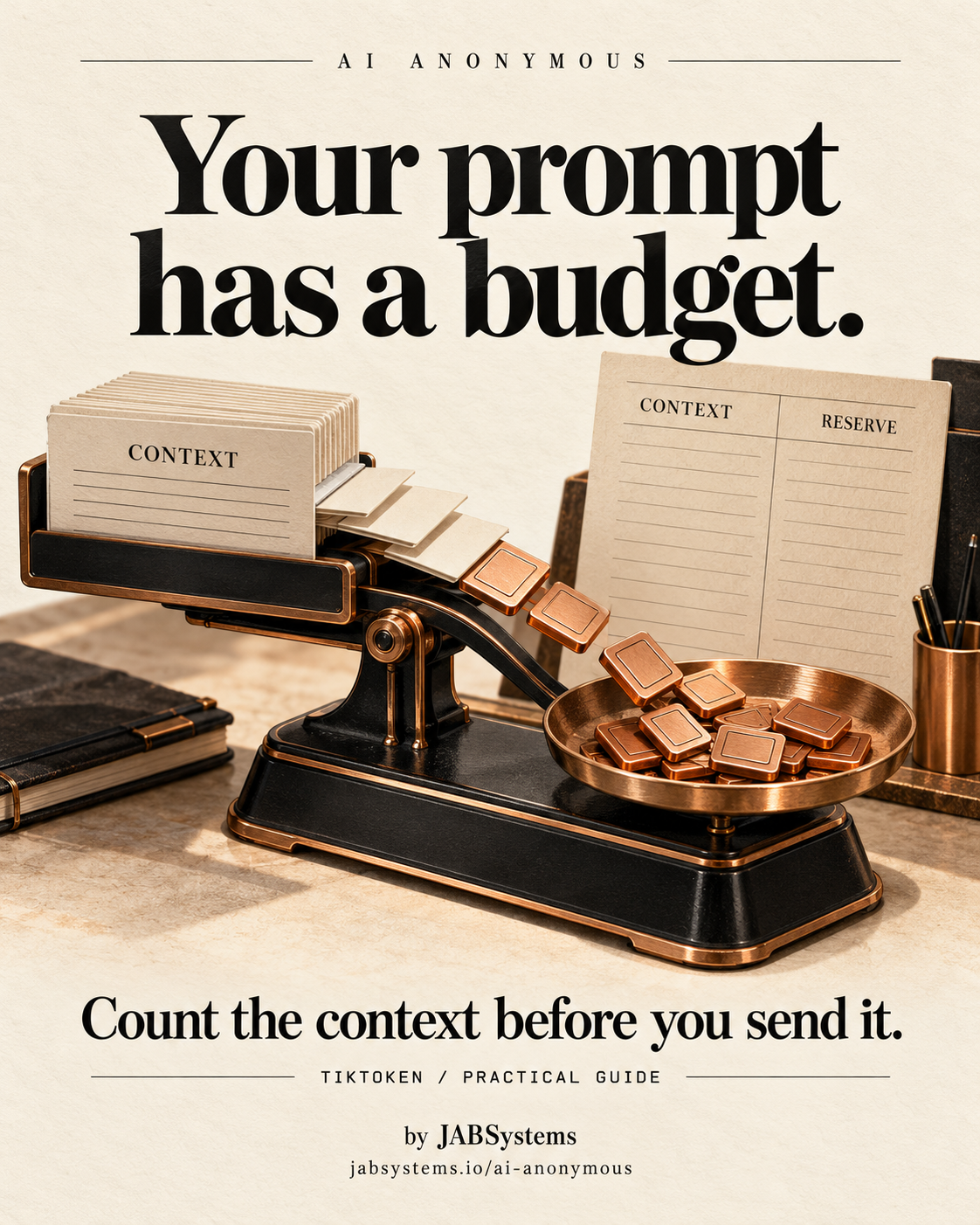 Portrait AI Anonymous poster on textured cream paper. Headline: Your prompt has a budget. A black and copper balance scale holds context cards and copper token tiles beside a ledger labeled CONTEXT and RESERVE. Below: Count the context before you send it. TIKTOKEN / PRACTICAL GUIDE. Footer: by JABSystems and jabsystems.io/ai-anonymous. Conceptual AI-generated artwork, not a software screenshot or measured cost result.
