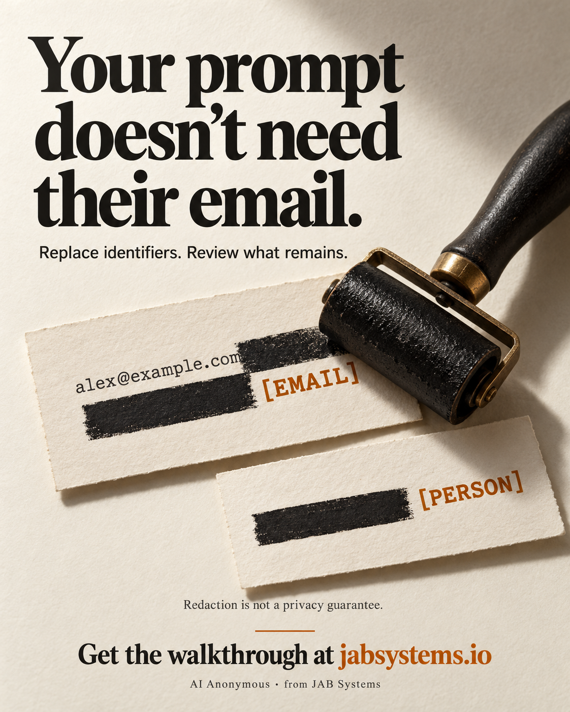 Editorial poster: Your prompt doesn't need their email. A redaction roller and EMAIL and PERSON placeholders on textured paper.