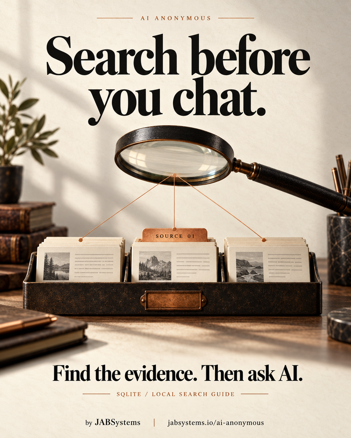 Portrait AI Anonymous poster on textured ivory paper. Large black headline: Search before you chat. A black and copper magnifying glass floats above three trays of source cards, with copper lines pointing to the cards and a SOURCE 01 tab. Below: Find the evidence. Then ask AI. SQLITE / LOCAL SEARCH GUIDE. Footer: by JABSystems and jabsystems.io/ai-anonymous. Original AI-generated conceptual artwork, not a software screenshot or a tested AI answer.